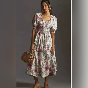 Anthropologie Pink and Green Floral Midi Dress